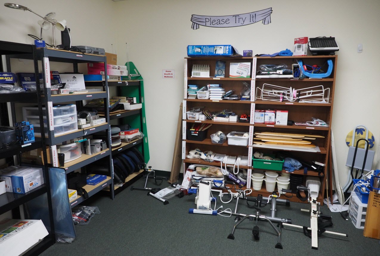 An image of the Try it Room at FLIC- showing many shelves filled with assisitive technology