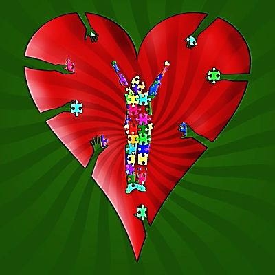 image- red heart shape on a green background- the shape of a person using puzzle shaped pieces is in the center of the heart.